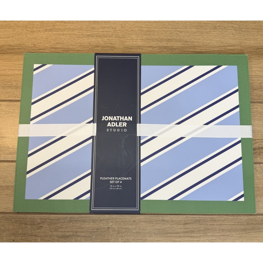 Jonathan Adler Studio Placemats Set of 4 Pleather 13 x 9 Preppy Blue Green White
